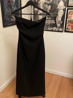 Zara black midi dress, straight-cut, strapless gathered detailing size small